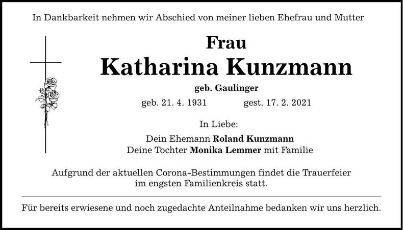 Traueranzeige Katharina Kunzmann