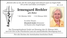 Traueranzeige Irmengard Brehler