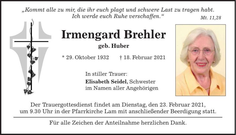Traueranzeige Irmengard Brehler