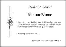 Traueranzeige Johann Bauer