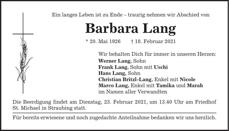 Traueranzeige Barbara Lang