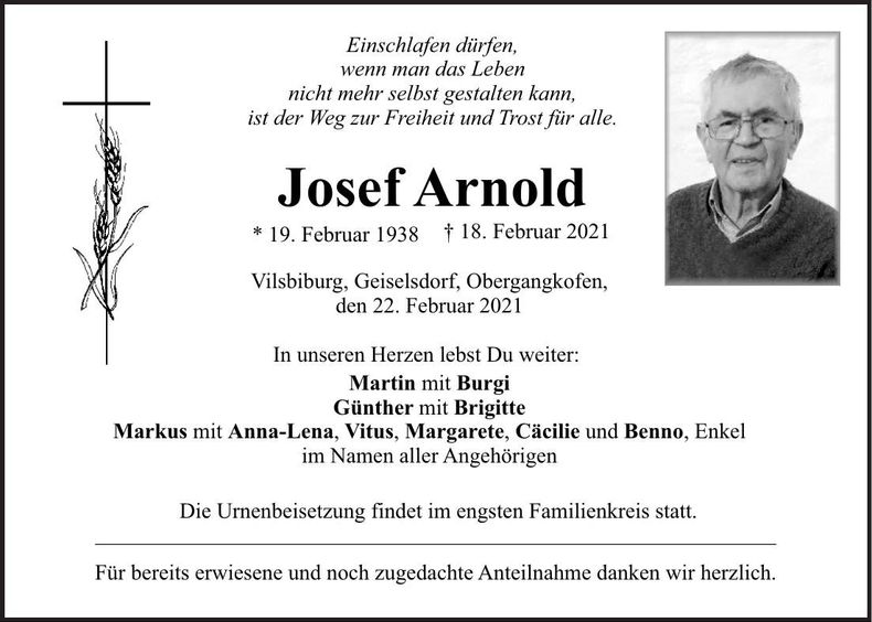 Traueranzeige Josef Arnold