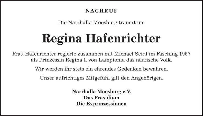 Traueranzeige Regina Hafenrichter