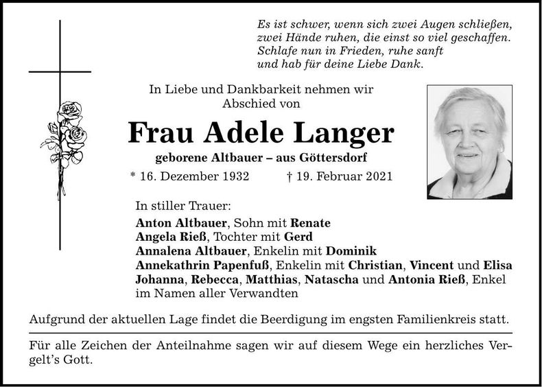 Traueranzeige Adele Langer