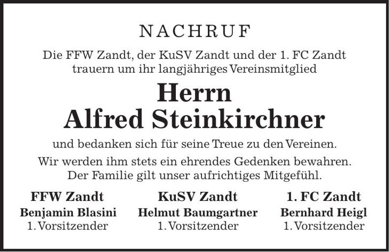 Traueranzeige Alfred Steinkirchner