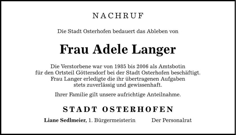 Traueranzeige Adele Langer
