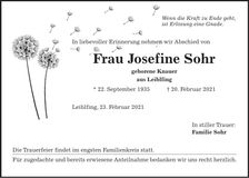 Traueranzeige Josefine Sohr