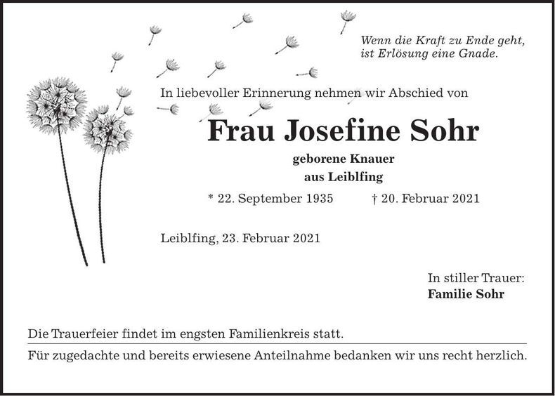 Traueranzeige Josefine Sohr