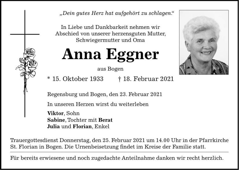 Traueranzeige Anna Eggner