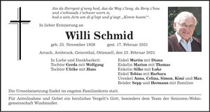 Traueranzeige Willi Schmid