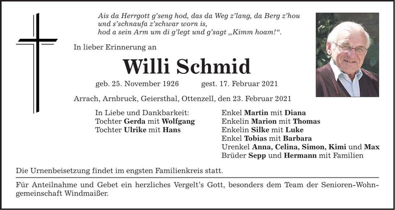 Traueranzeige Willi Schmid