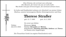 Traueranzeige Therese Straßer