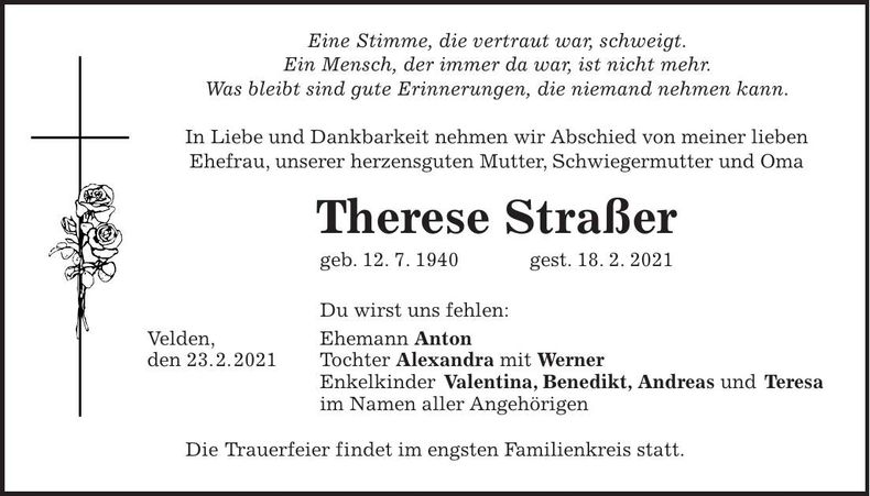 Traueranzeige Therese Straßer