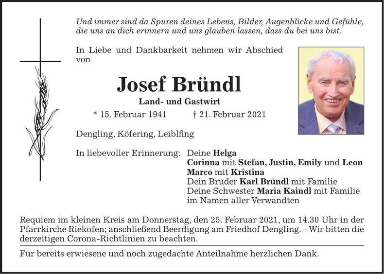 Traueranzeige Josef Bründl