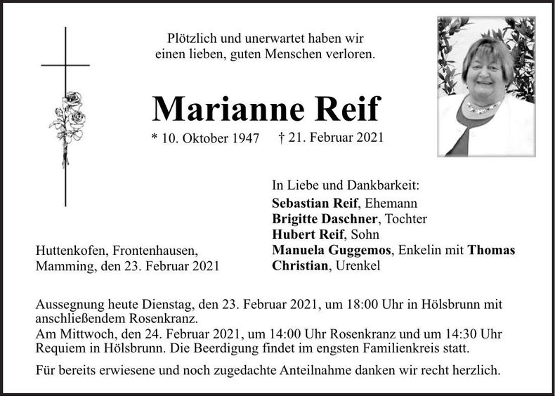 Traueranzeige Marianne Reif