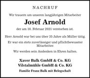 Traueranzeige Josef Arnold