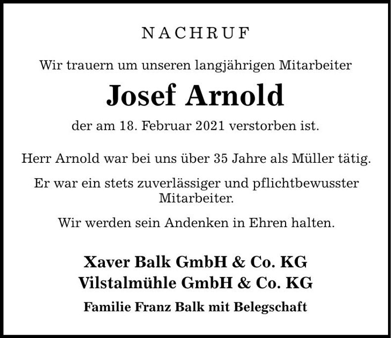 Traueranzeige Josef Arnold