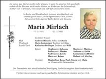 Traueranzeige Maria Mirlach