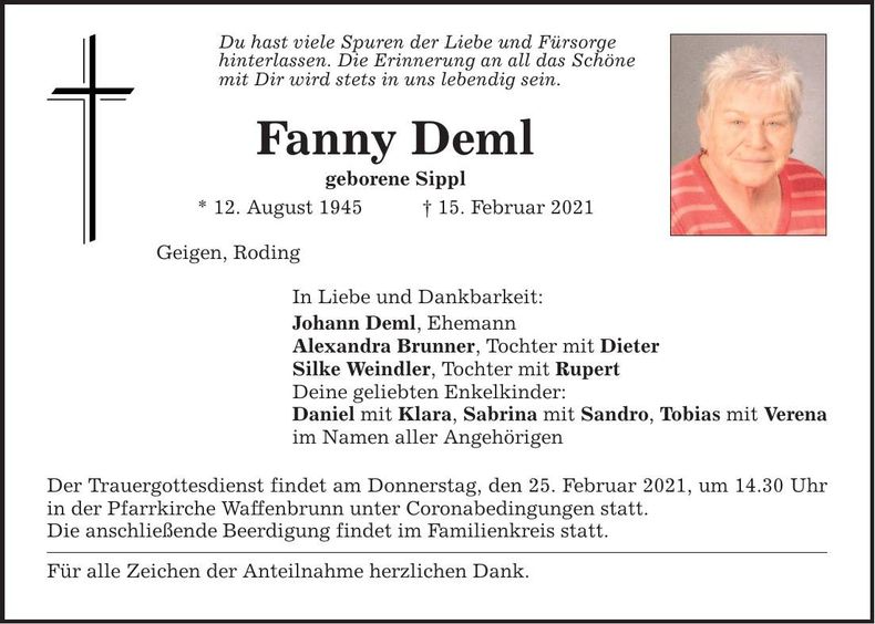 Traueranzeige Fanny Deml