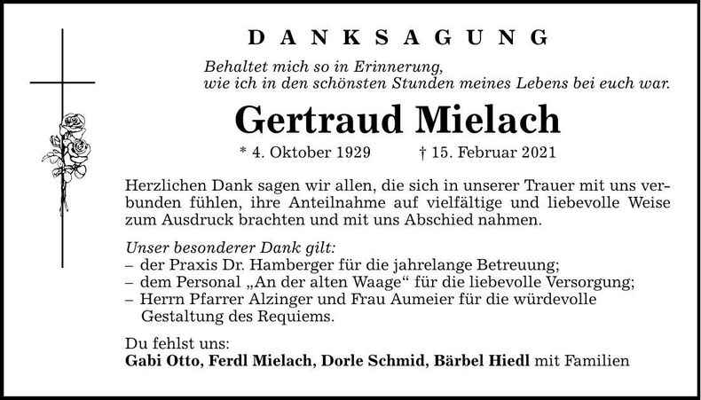 Traueranzeige Gertraud Mielach