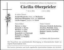 Traueranzeige Cäcilia Oberprieler