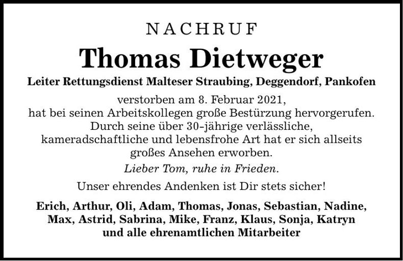Traueranzeige Thomas Dietweger