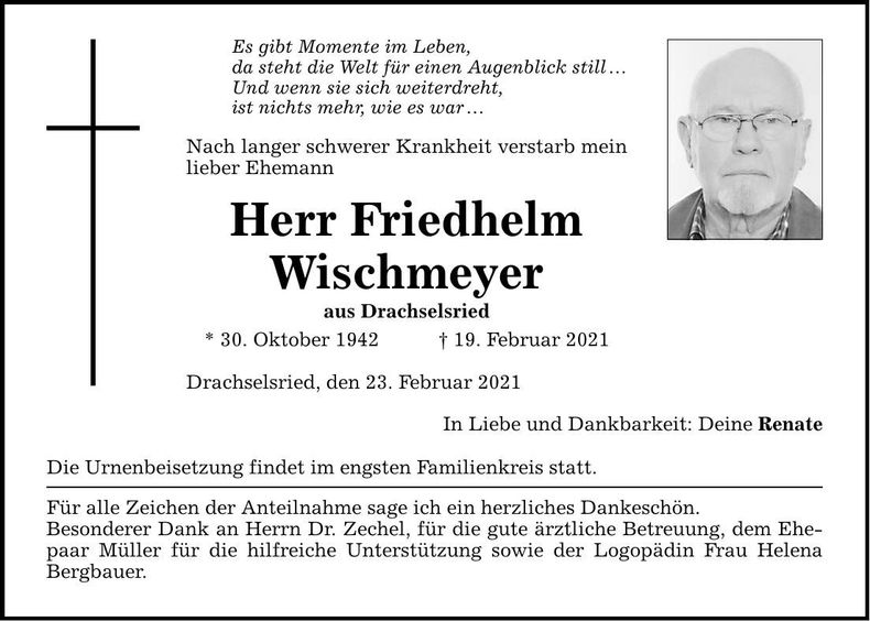 Traueranzeige Wischmeyer Friedhelm