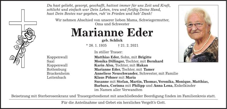 Traueranzeige Marianne Eder