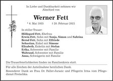 Traueranzeige Werner Fett