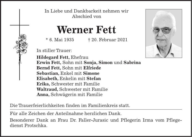 Traueranzeige Werner Fett