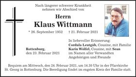 Traueranzeige Klaus Wittmann
