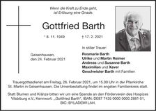 Traueranzeige Gottfried Barth