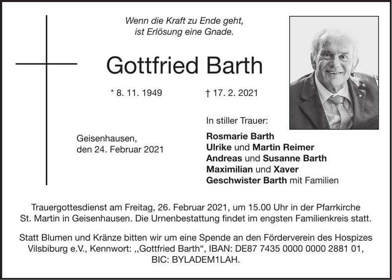 Traueranzeige Gottfried Barth
