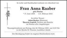 Traueranzeige Anna Raaber