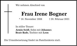 Traueranzeige Irene Bogner