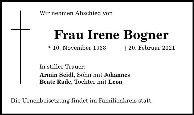 Traueranzeige Irene Bogner