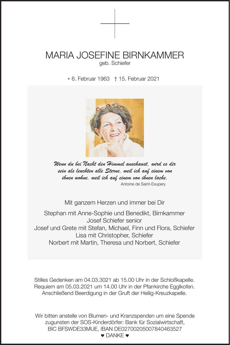 Traueranzeige Maria Josefine Birnkammer