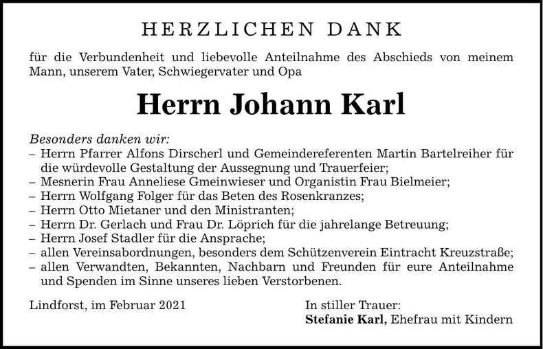 Traueranzeige Johann Karl