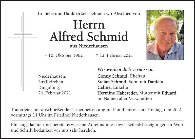 Traueranzeige Schmid Alfred