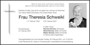 Traueranzeige Theresia Schweikl