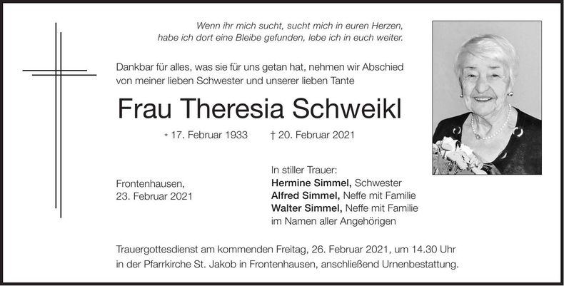 Traueranzeige Theresia Schweikl