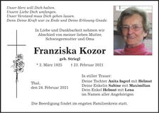 Traueranzeige Franziska Kozor