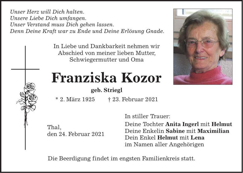Traueranzeige Franziska Kozor