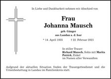 Traueranzeige Johanna Mausch