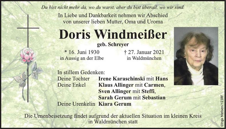 Traueranzeige Doris Windmeißer
