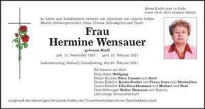 Traueranzeige Hermine Wensauer