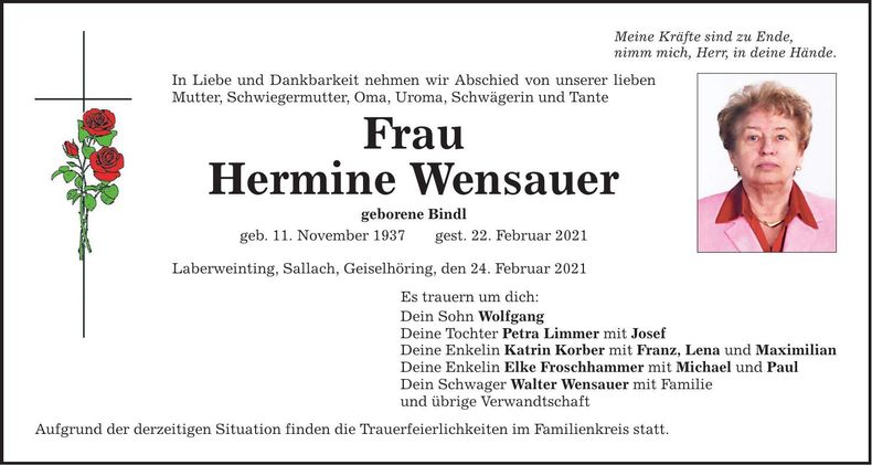 Traueranzeige Hermine Wensauer