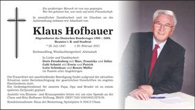 Traueranzeige Klaus Hofbauer