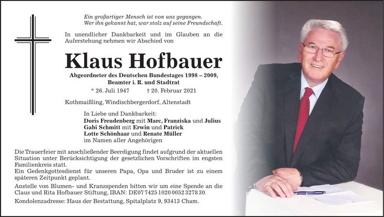 Traueranzeige Klaus Hofbauer