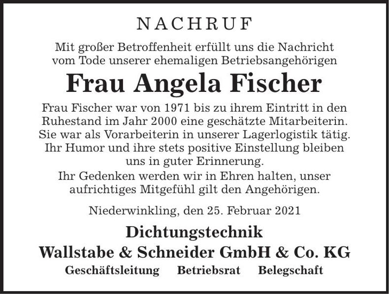 Traueranzeige Angela Fischer